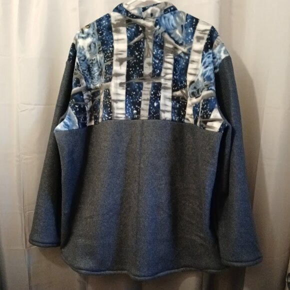 New Fleece Mock neck Sweatshirt XXL Blue Gray Owls contrast Full zip 2 pockets - Picture 8 of 11